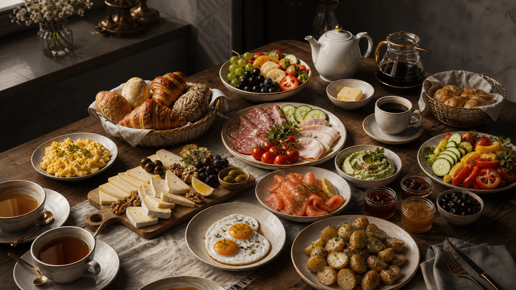 Frühstücksbuffet mit Croissants, Obst, Dips und Heißgetränken